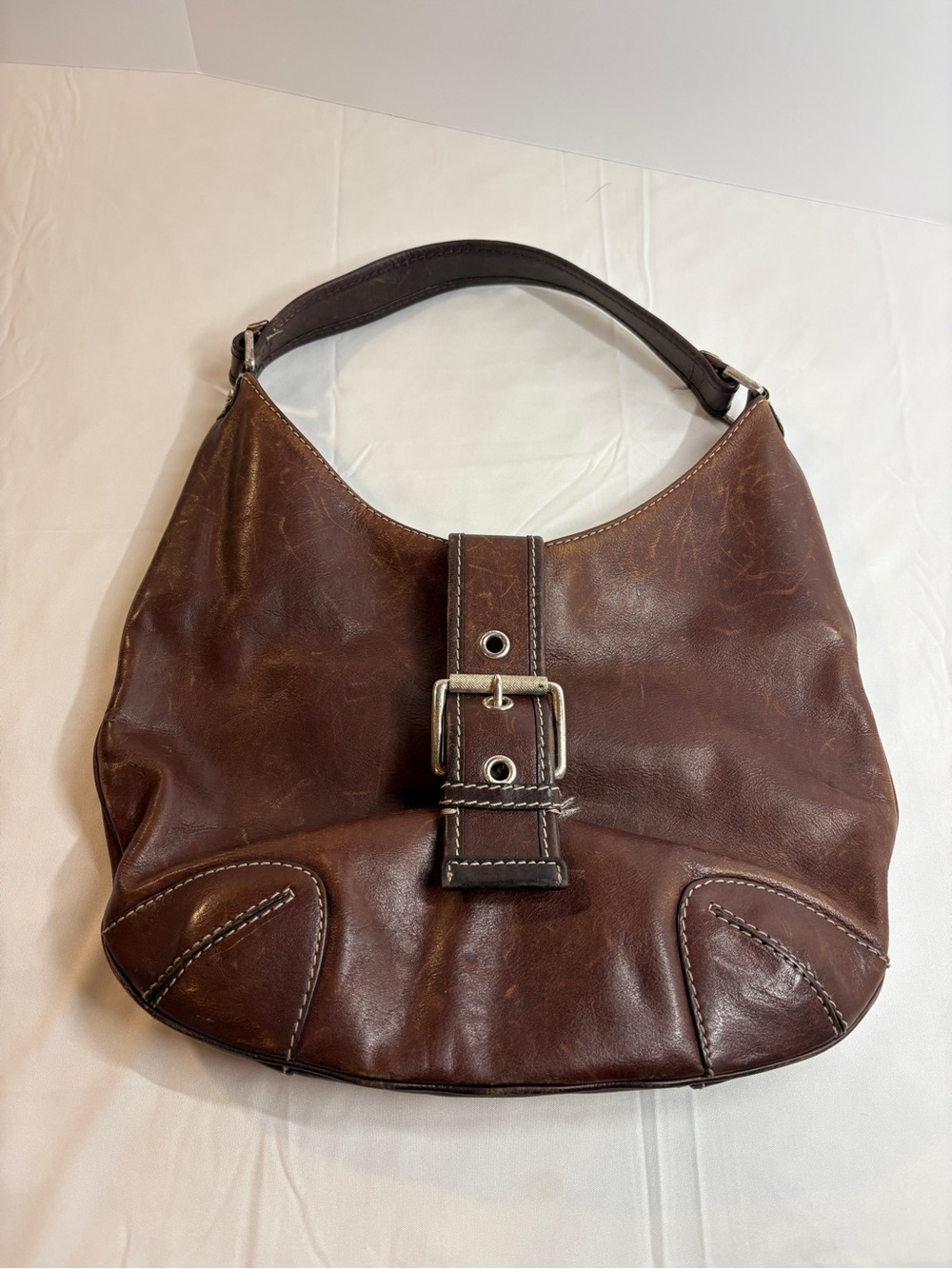Michael Kors Brown Leather Hutton Shoulder Bag Slouch Hobo Buckle Boho Purse